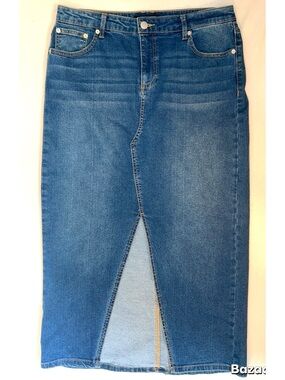 Mid Wash Midi Denim Pencil Skirt with Front Slit, Baccini